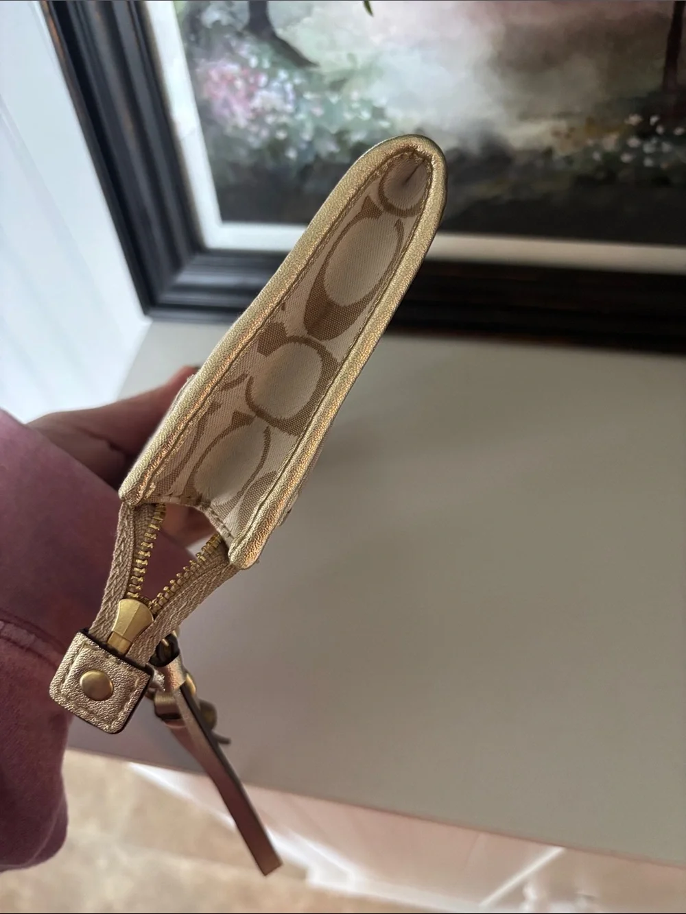 Coach Beige Signature Floral Wristlet with Gold Trim